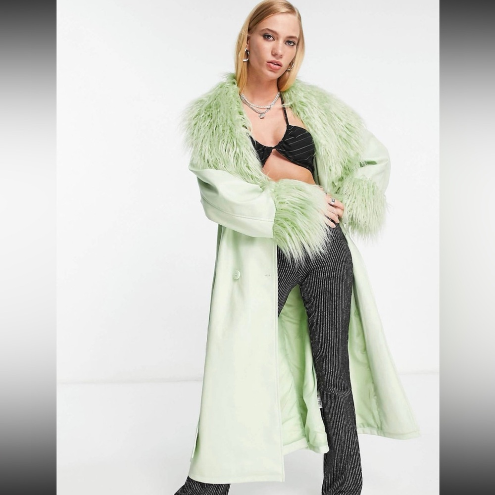 ASOS DESIGN faux leather belted coat with borg trim in pistachio